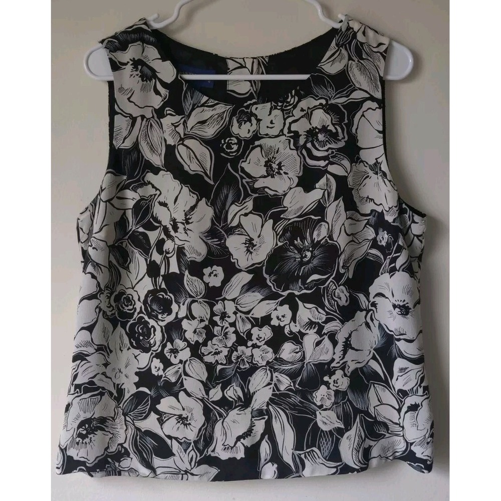 Charter Club Women Sleeveless Floral Print Size 14 Black/White/Blue Button Back